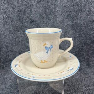 Aunt Rhody Blue Bow Country Goose Cup & Saucer Set of 3 Tienshan Stoneware